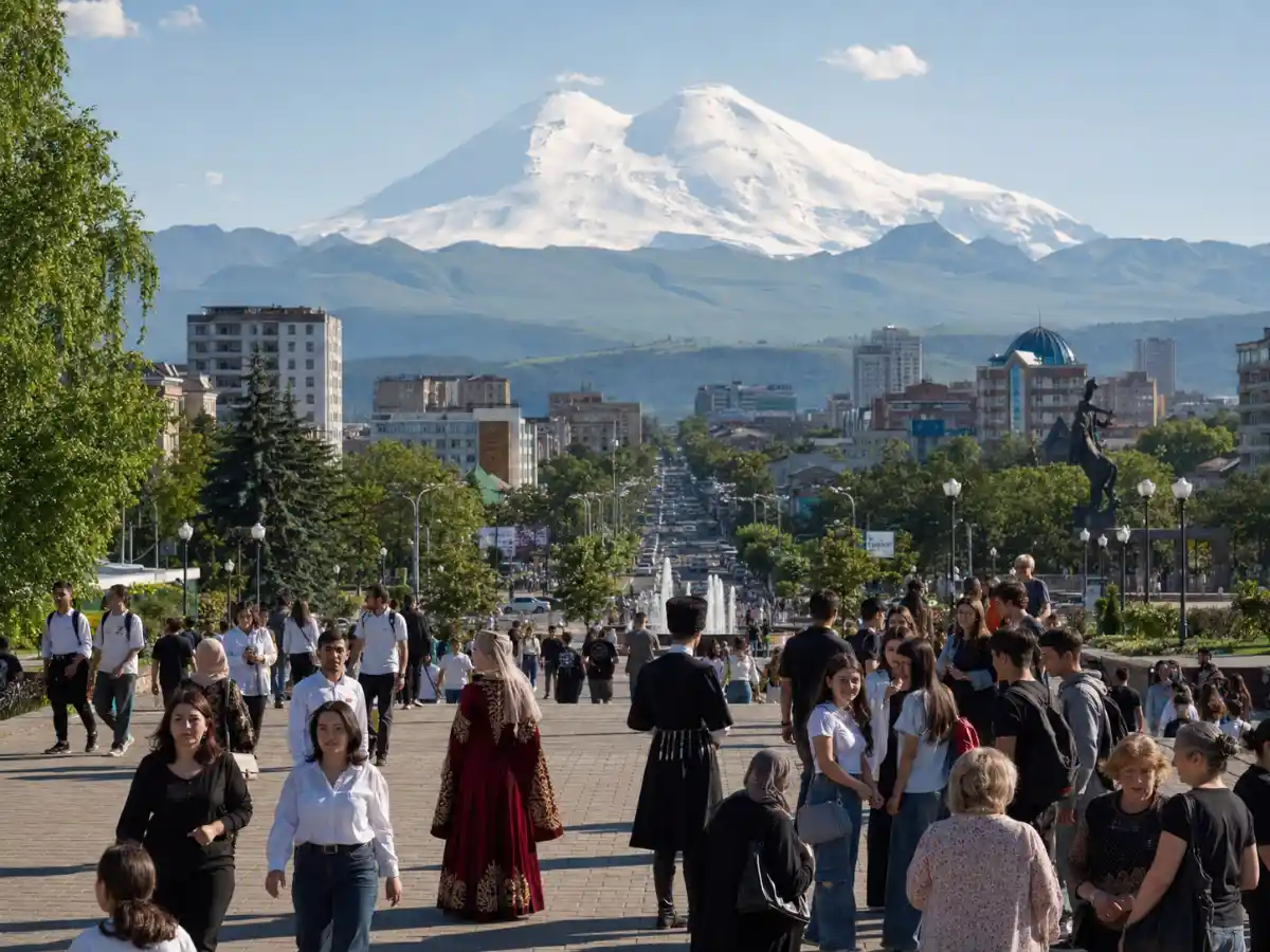 City plaza with mountain views and lively crowd