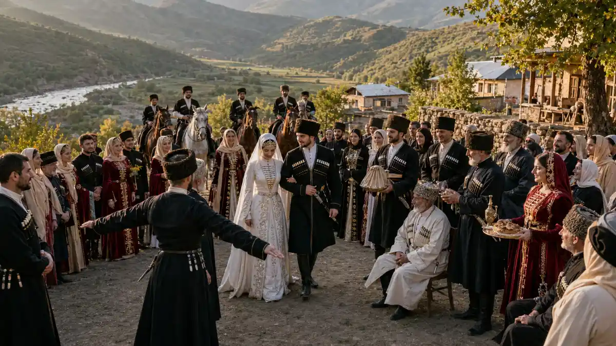 Caucasian mountain village wedding celebration