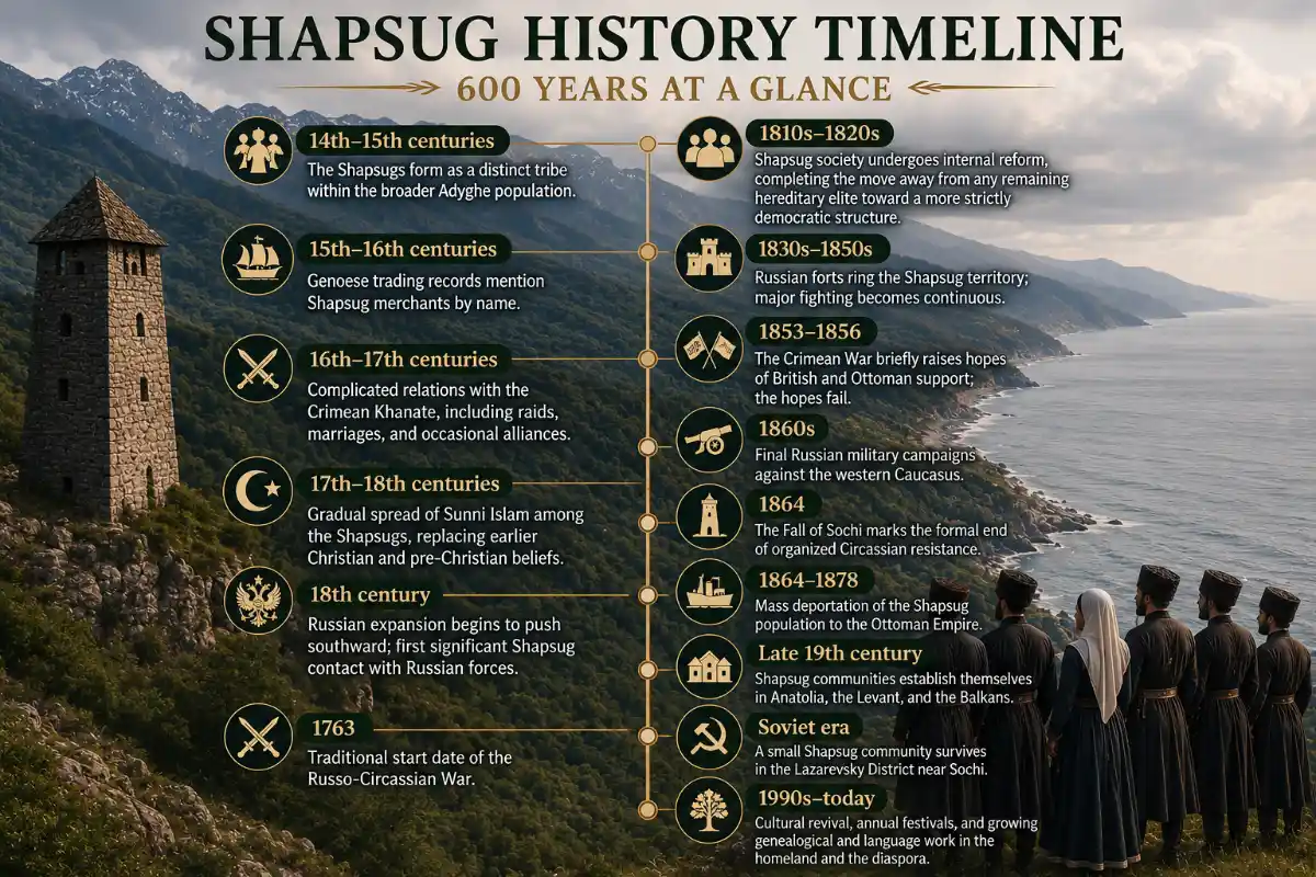 Shapsug history timeline with scenic backdrop
