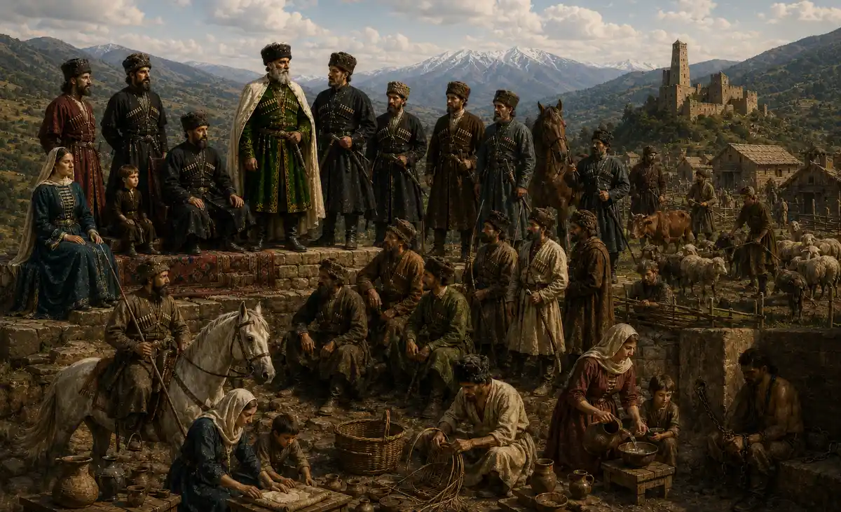 Caucasian mountain stronghold gathering scene