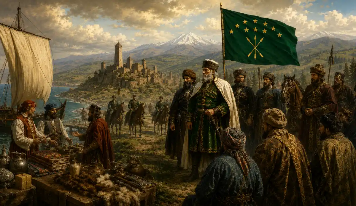 Circassian leaders and traders gathered near the Black Sea, with the Circassian flag,