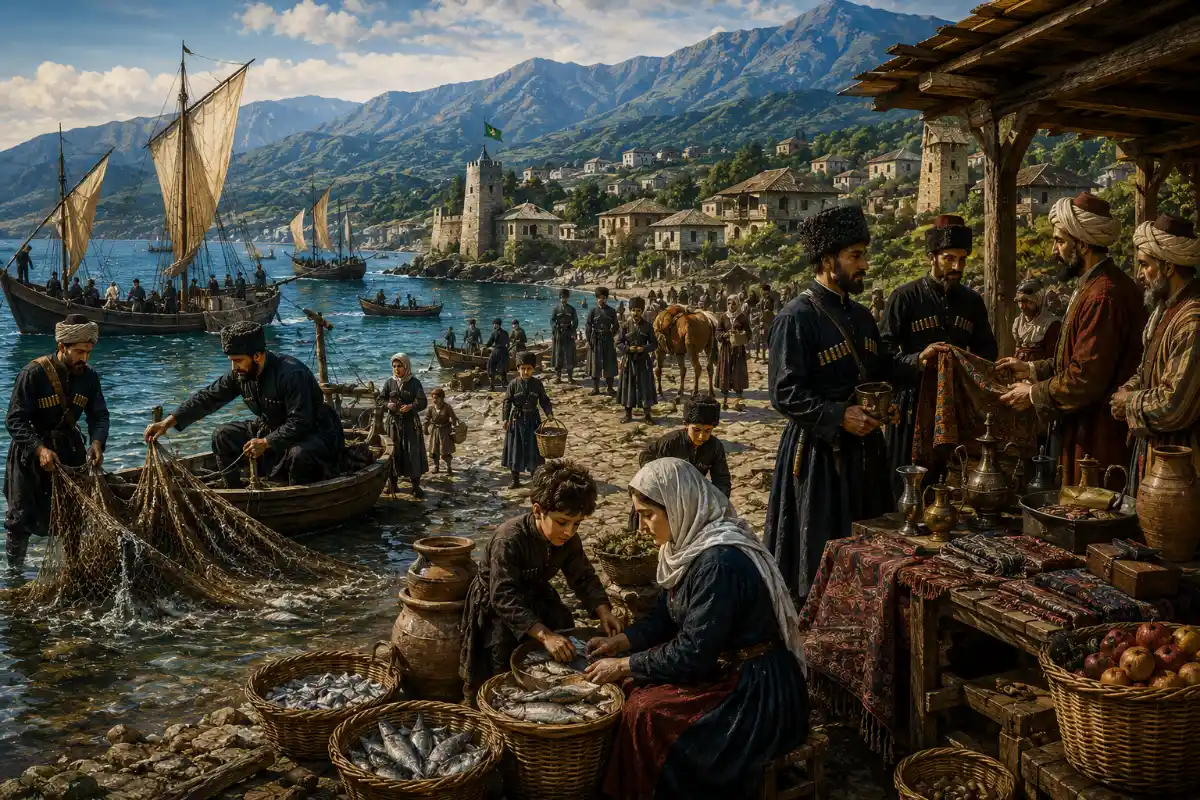 Natukhai Bustling coastal village by the harbor