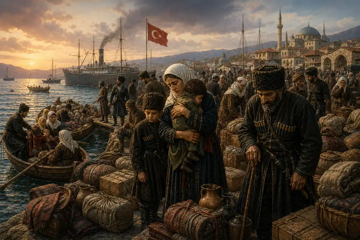 Natukhai Circassian refugees gathered at an Ottoman Black Sea port during the 1864 deportation,
