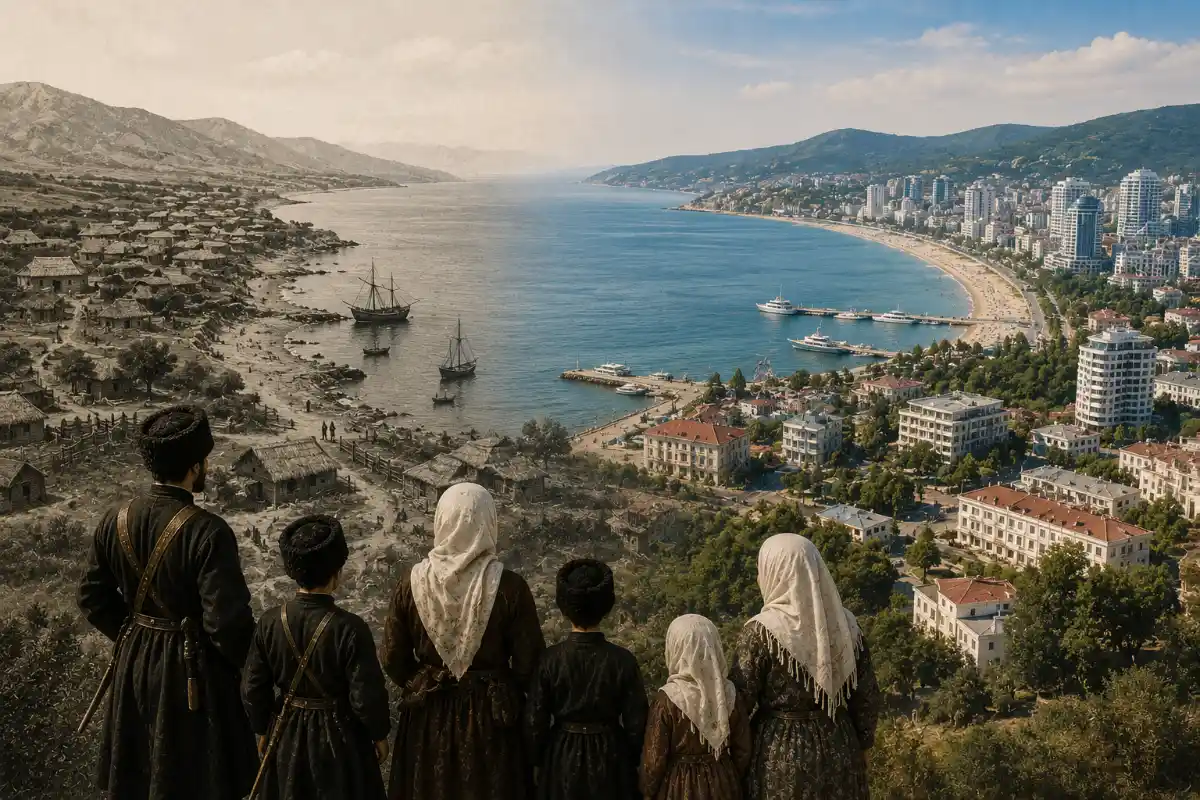 Natukhai family overlooking their former Black Sea homeland, shown fading from old coastal villages into modern resort cities.