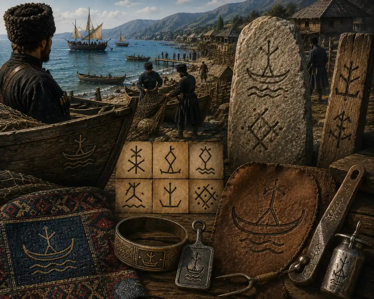Natukhai maritime tamga symbols carved onto boats, stone markers, and coastal tools in a Black Sea fishing village.