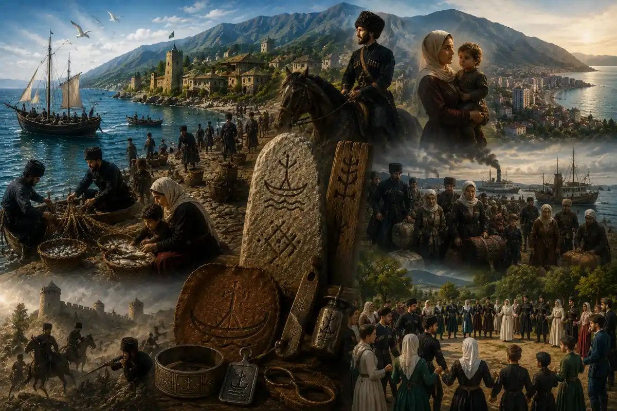 Scenes of Natukhai history, maritime life, exile, and cultural memory along the Black Sea coast.