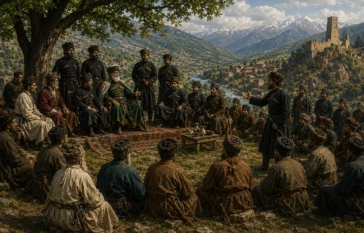 Tribal council in the mountain valley