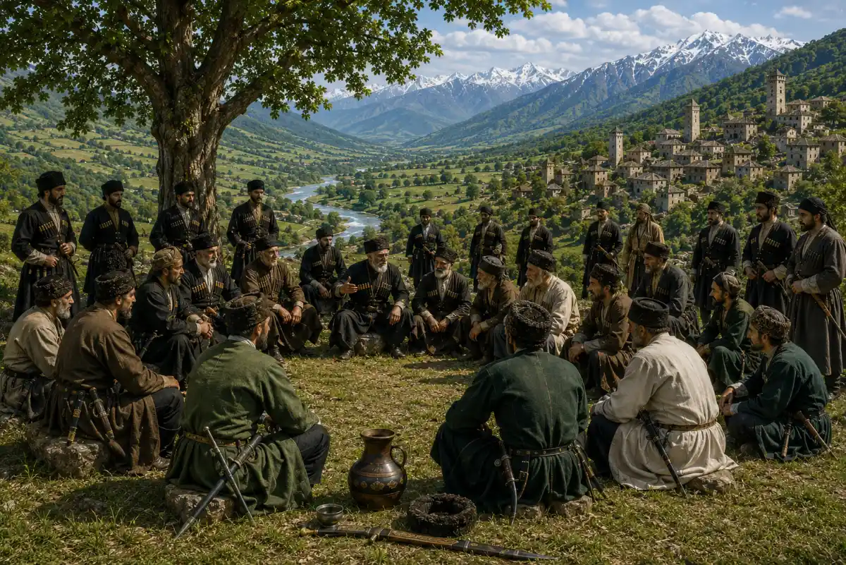 Yegeruqway gathering beneath the mountain tree