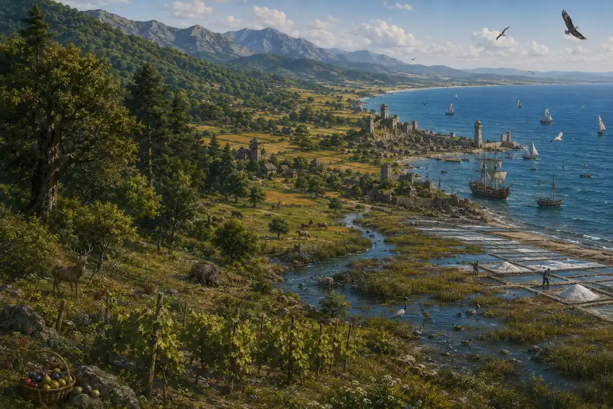 A serene coastal countryside vista