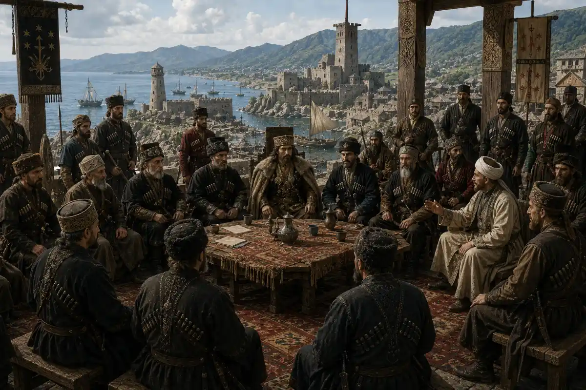 The Zhaney Tribal council at the coastal fortress