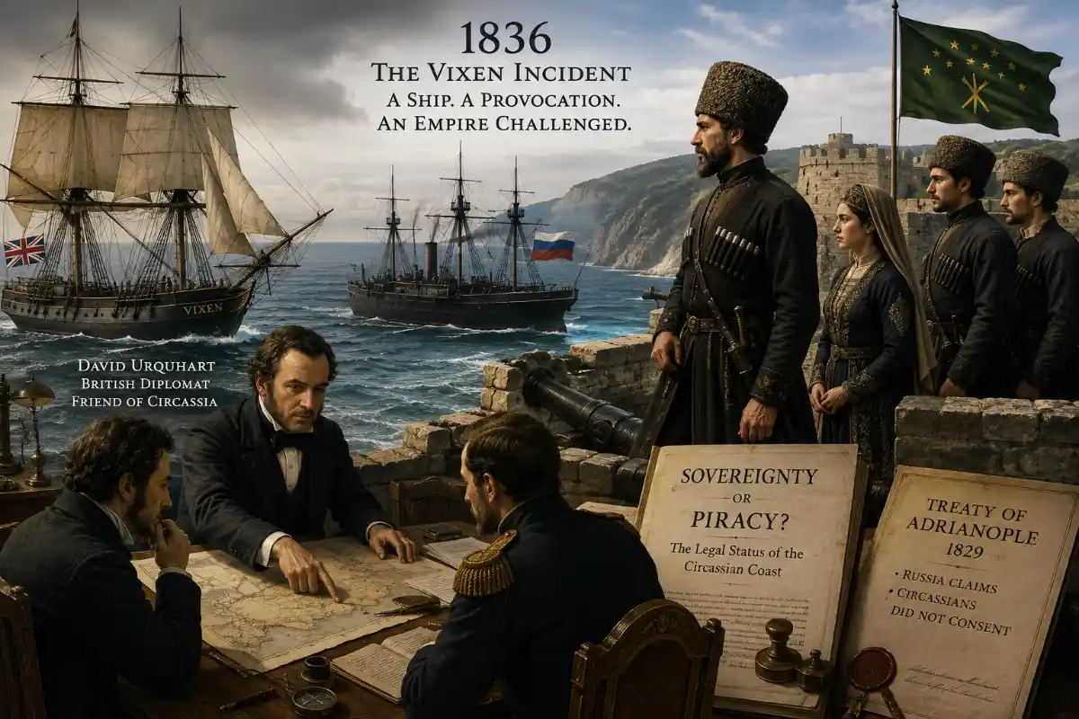 Britain and Russia over the legal status of the Circassian coast. Britain and Russia over the legal status of the Circassian coast.