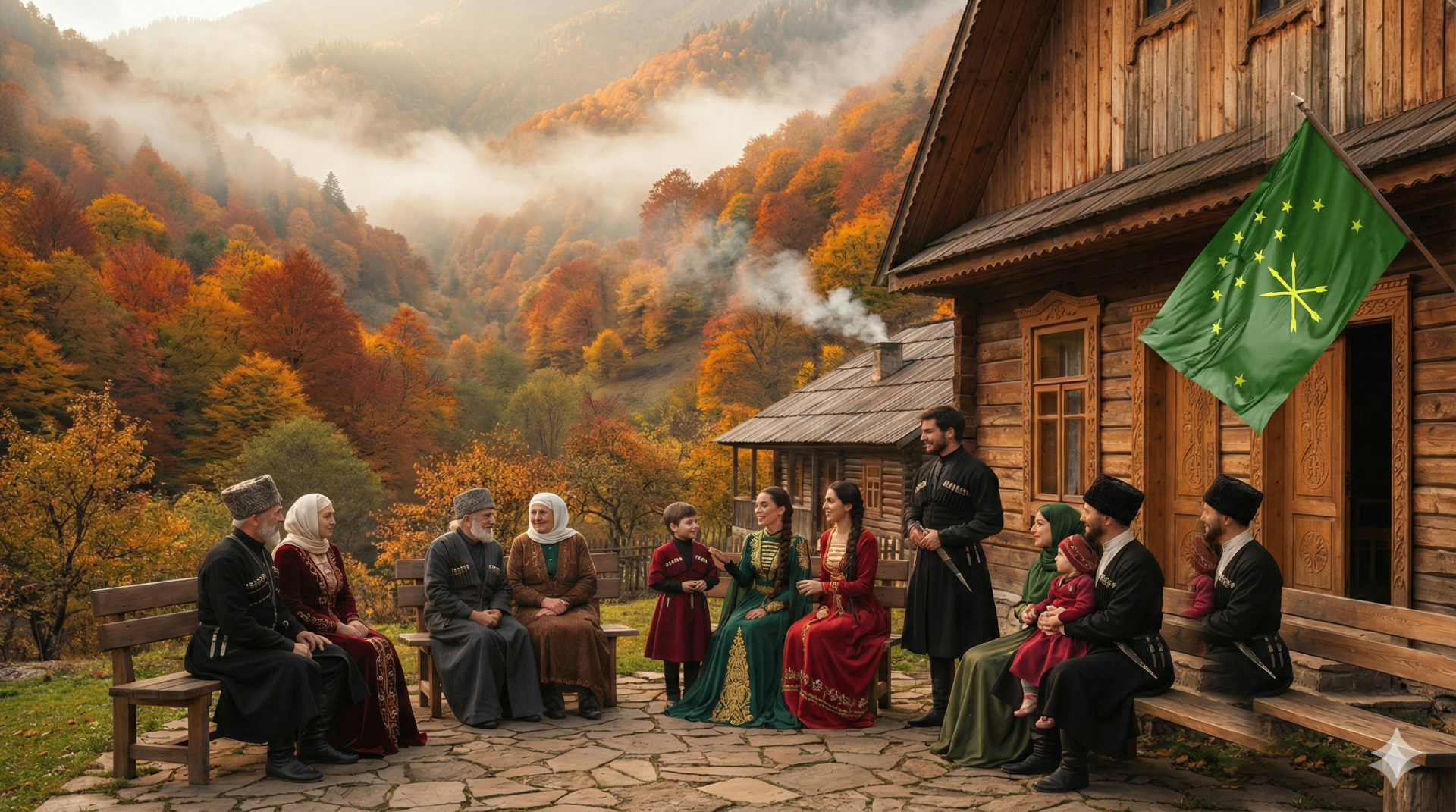 Circassian people in traditional Cherkesska attire representing the Adyghe nation and cultural identity