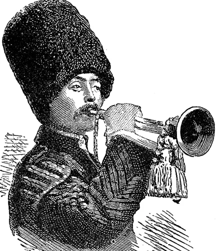 Nineteenth-century illustration of a Circassian man in traditional dress playing a horn