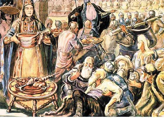 Painting of a Nart feast with the matriarch serving food to elders and warriors in a great hall