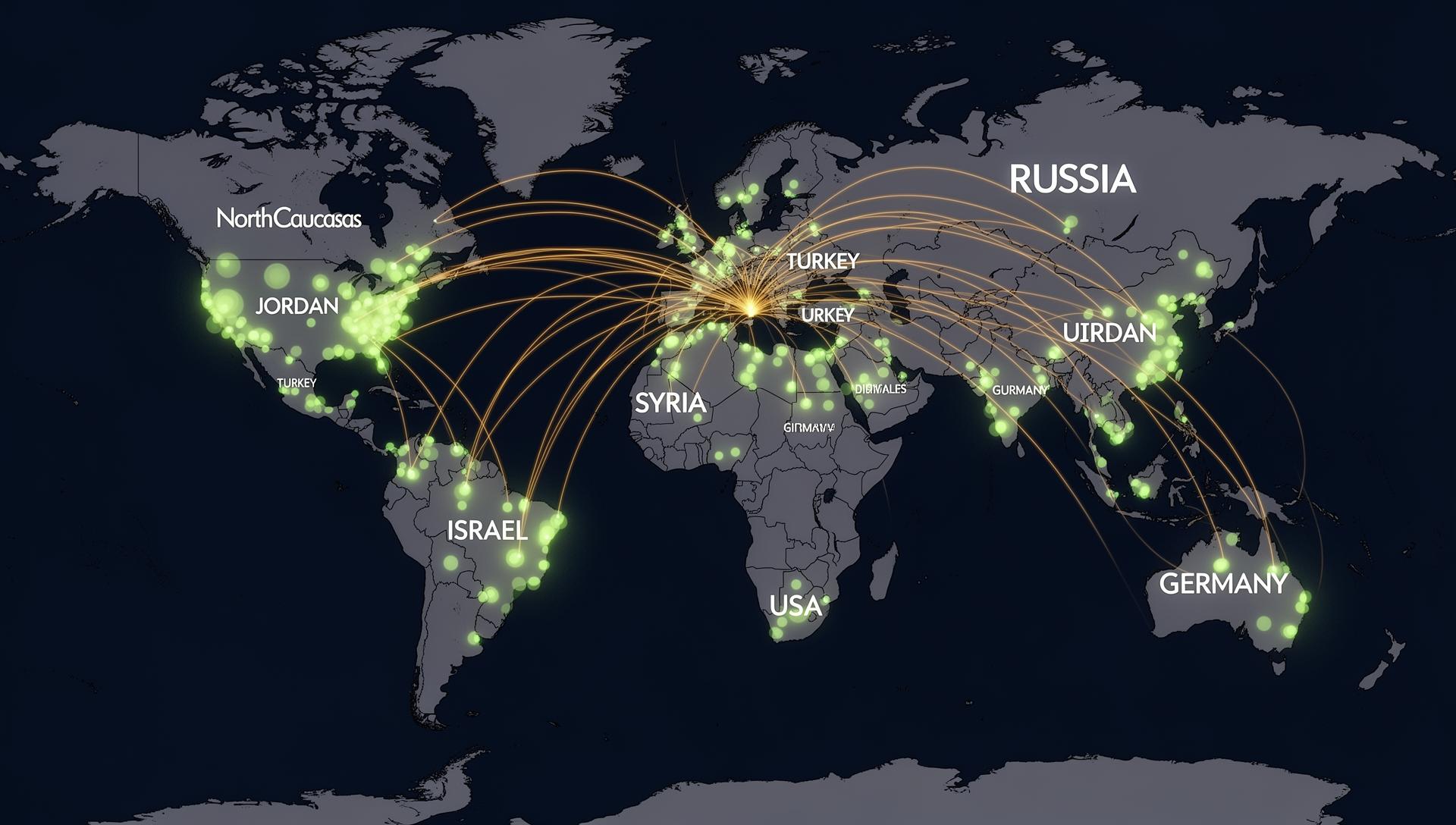 World map showing the Circassian diaspora spread across continents